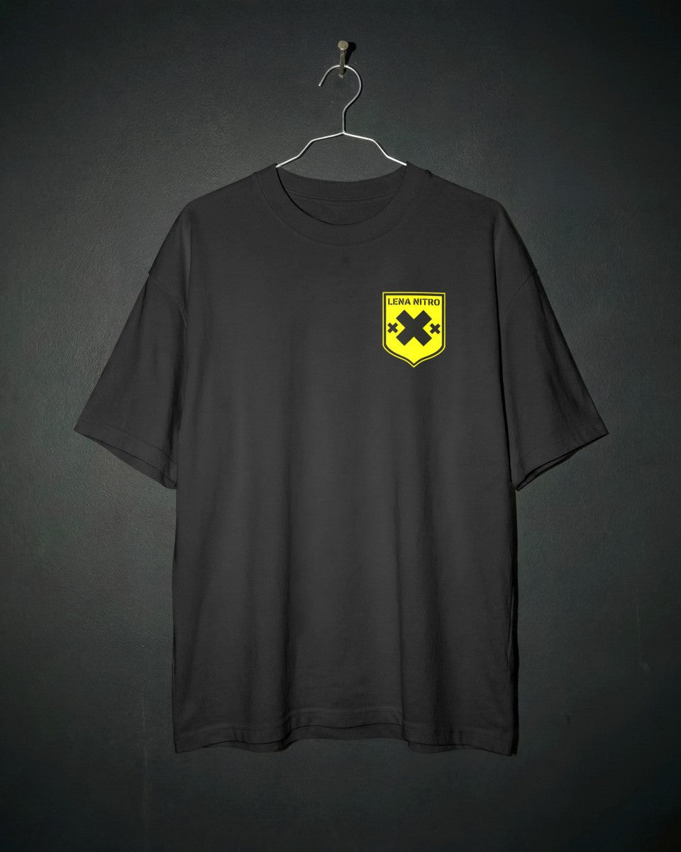 Lena Nitro black crewneck tee with yellow chest logo