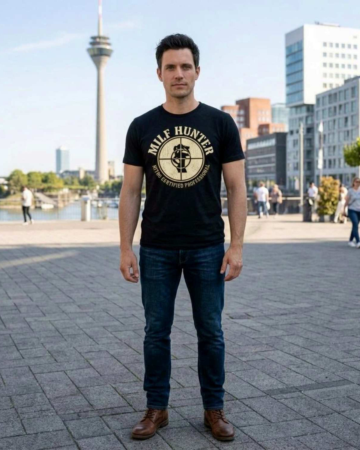 Full view of Lena Nitro Milfhunter black statement shirt