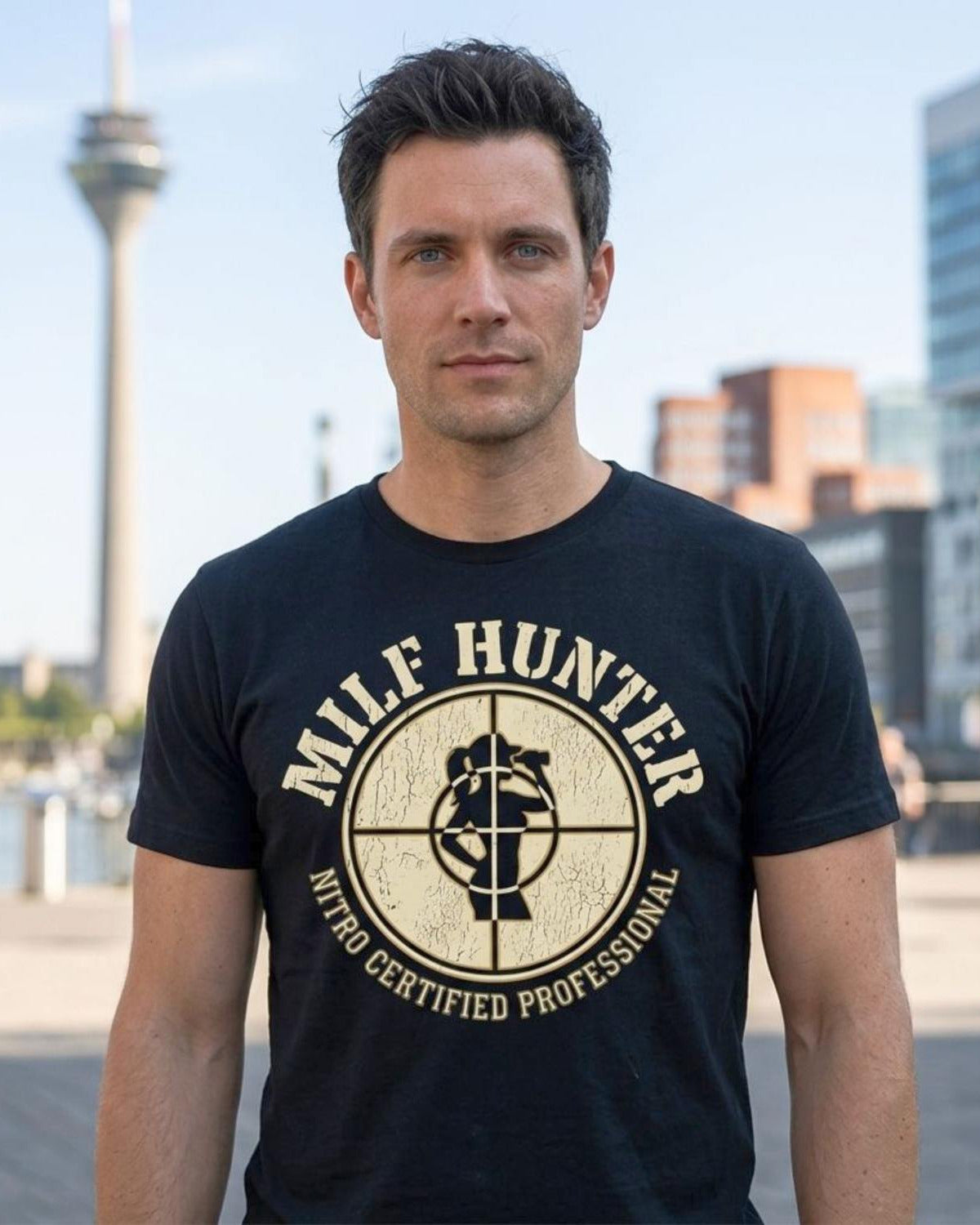 Male model wearing Lena Nitro Milfhunter black t-shirt