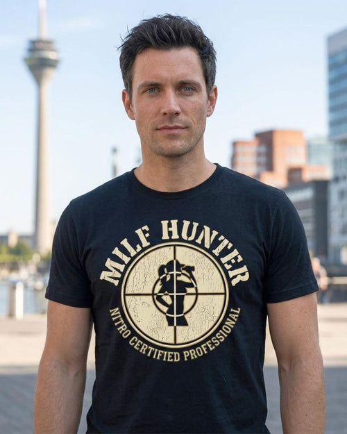 Male model wearing Lena Nitro Milfhunter black t-shirt