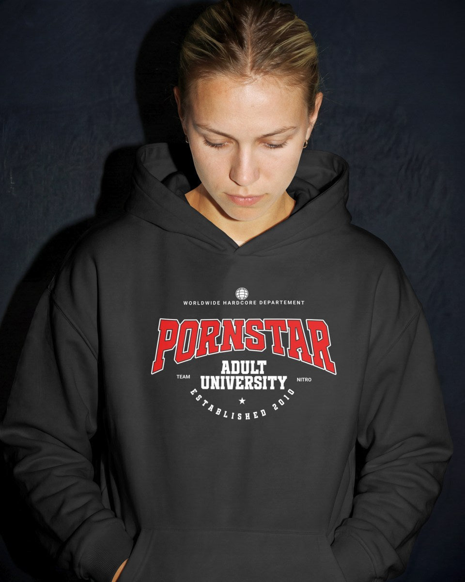 Female model in black Pornstar University Hoodie