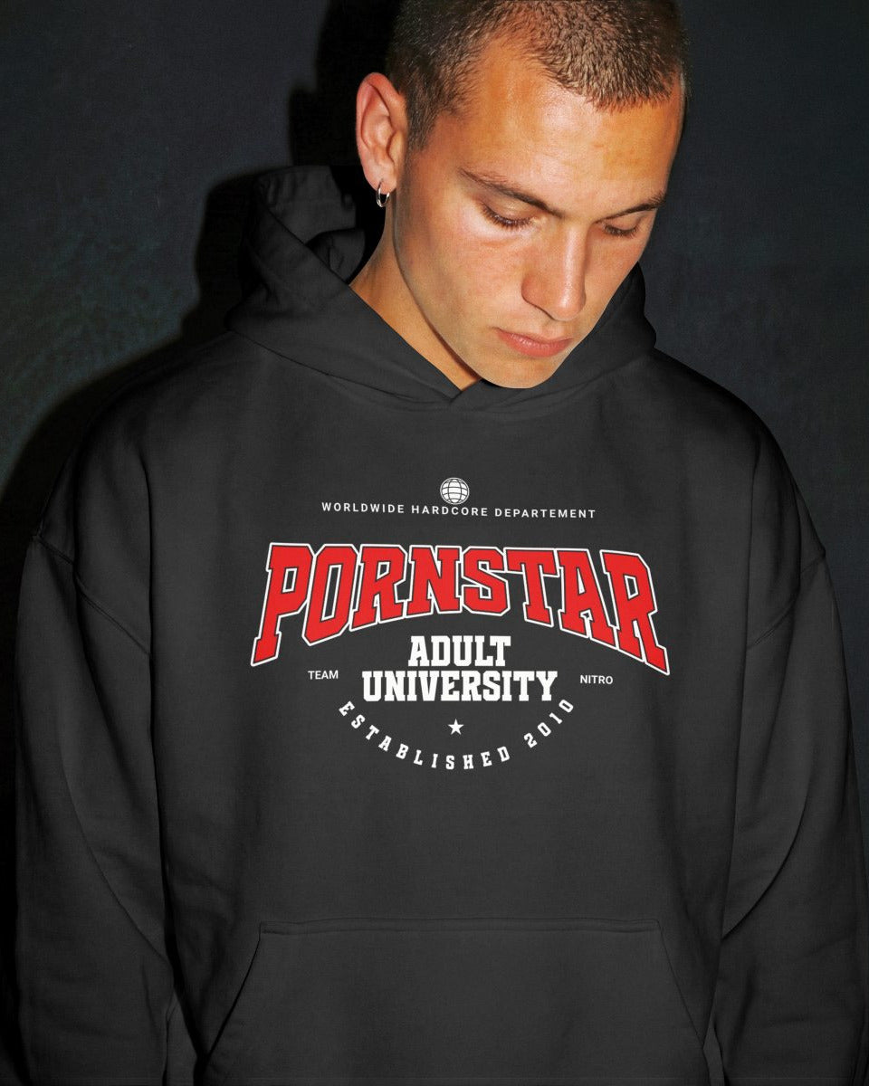 Male model wearing black Pornstar University Hoodie