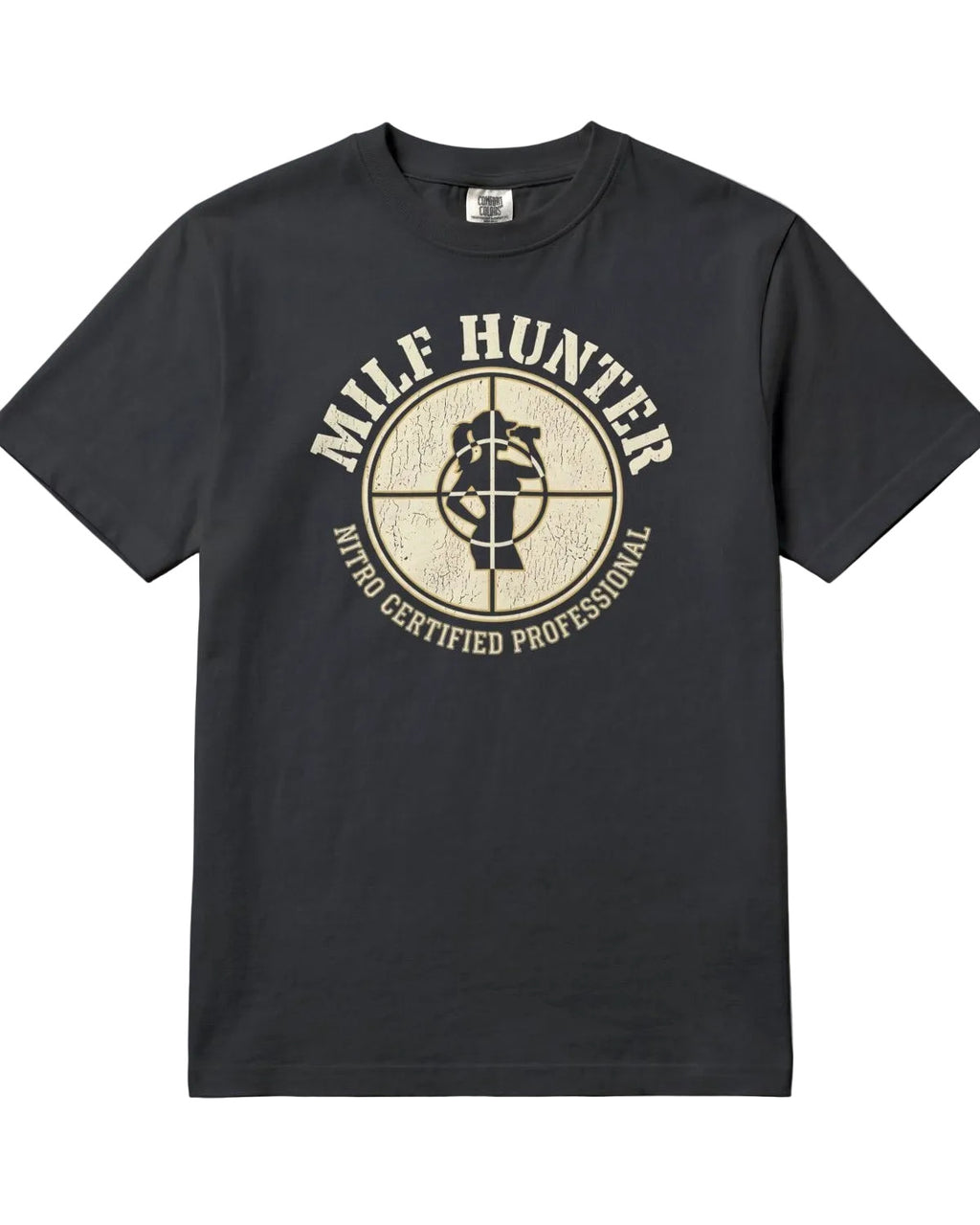 Flat lay of black Milfhunter fun t-shirt with orange logo