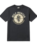 Flat lay of black Milfhunter fun t-shirt with orange logo