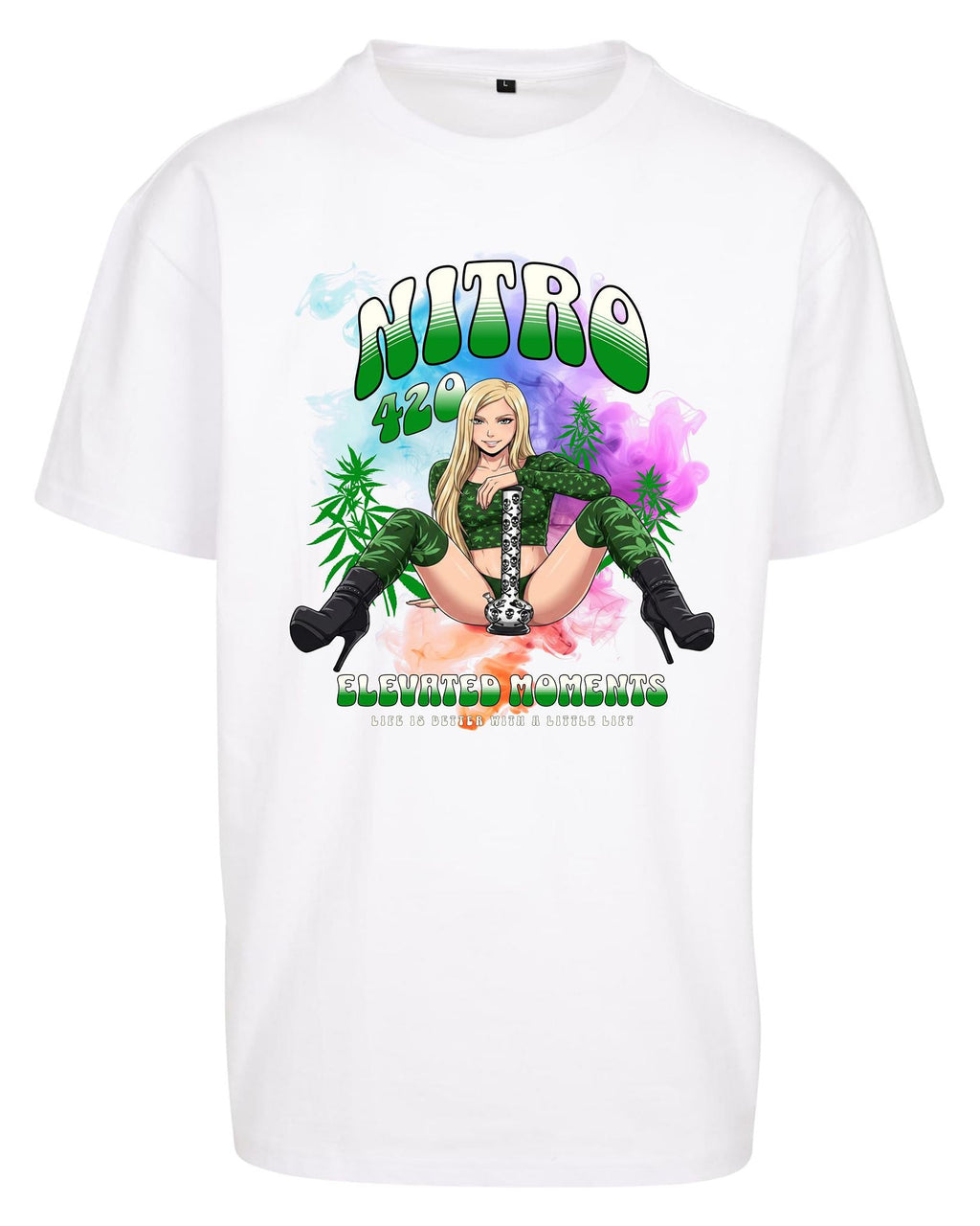 Flat lay of white Nitro 420 anime girl graphic t-shirt