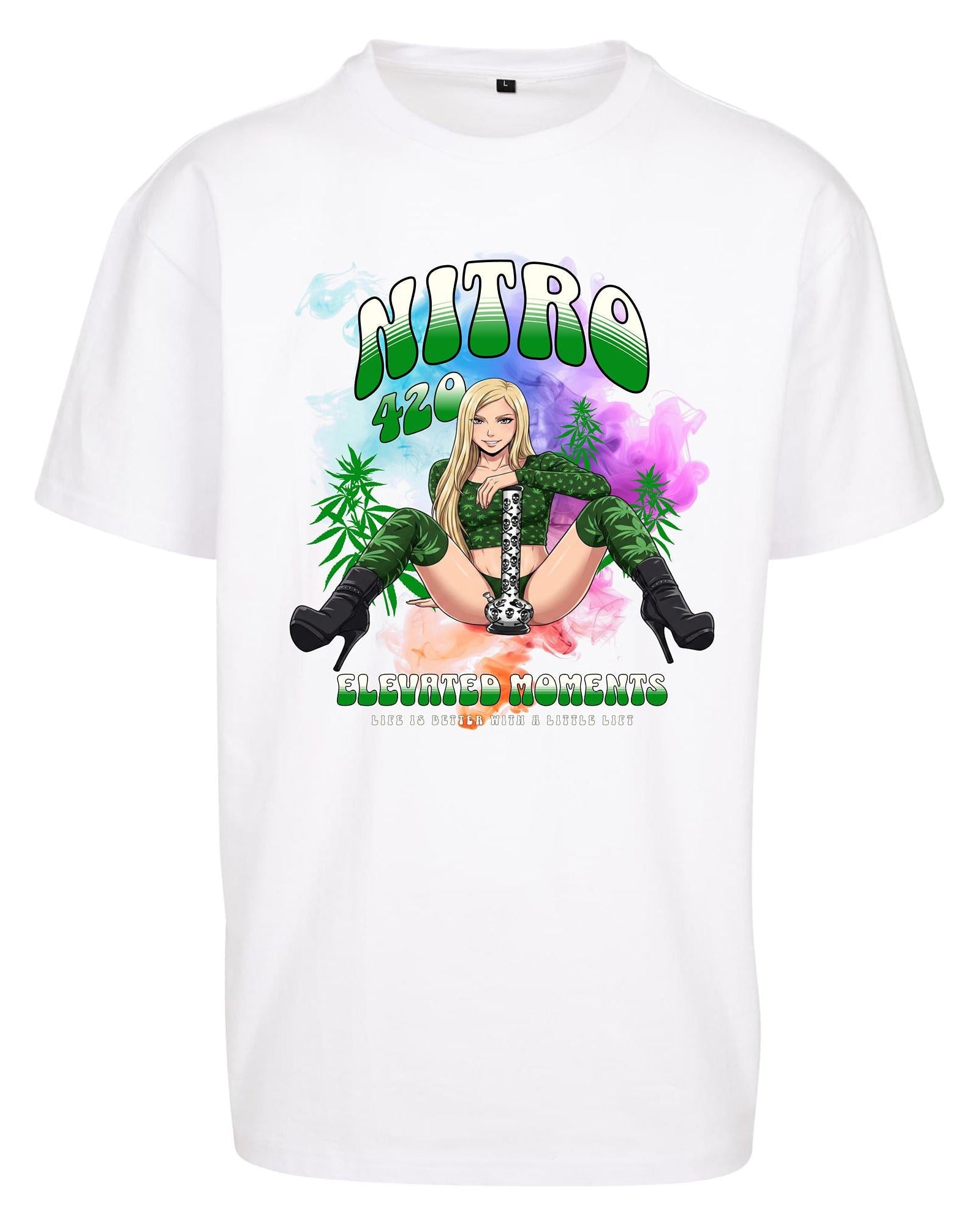 Flat lay of white Nitro 420 anime girl graphic t-shirt