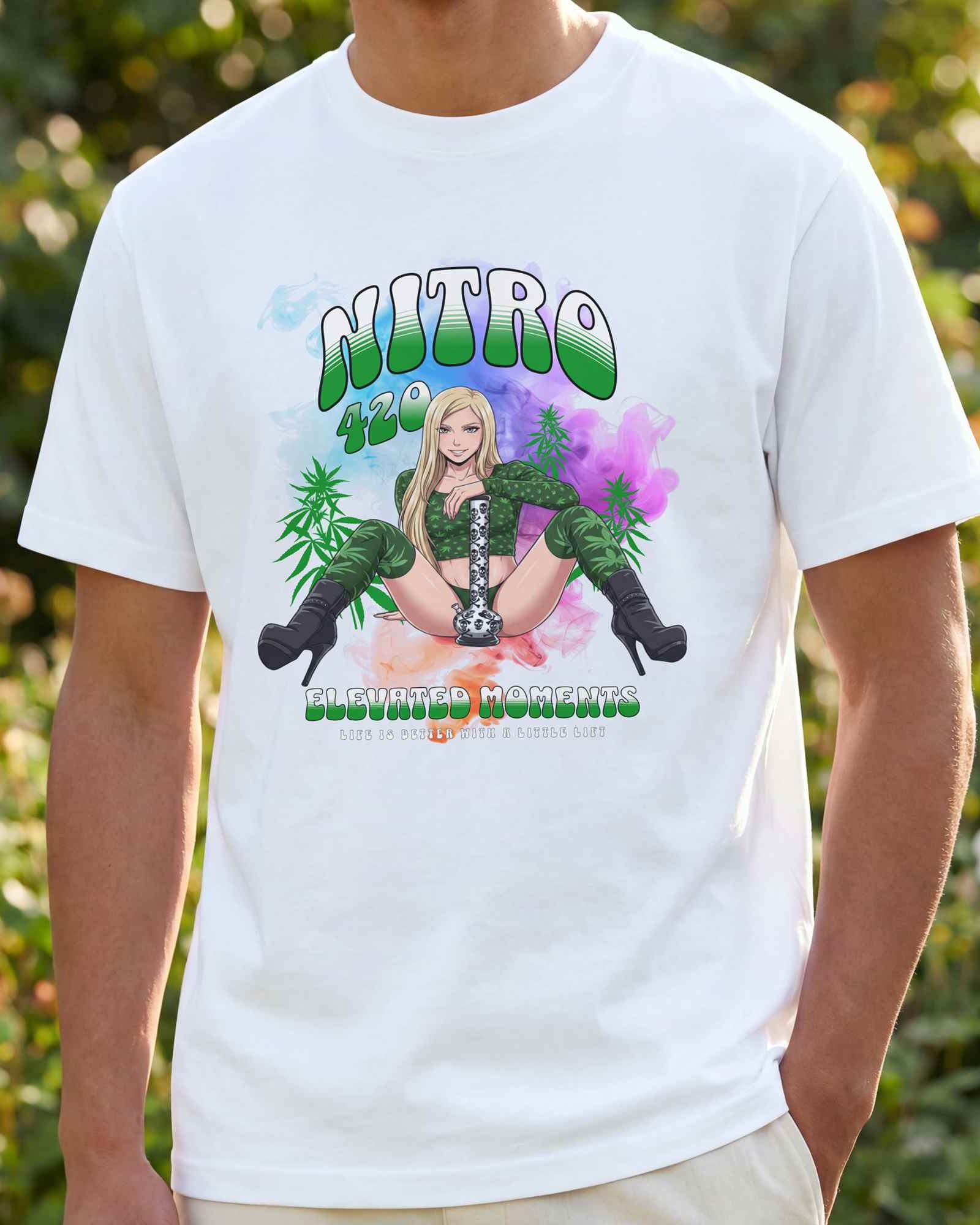 Male model wearing white Nitro 420 graphic streetwear tee