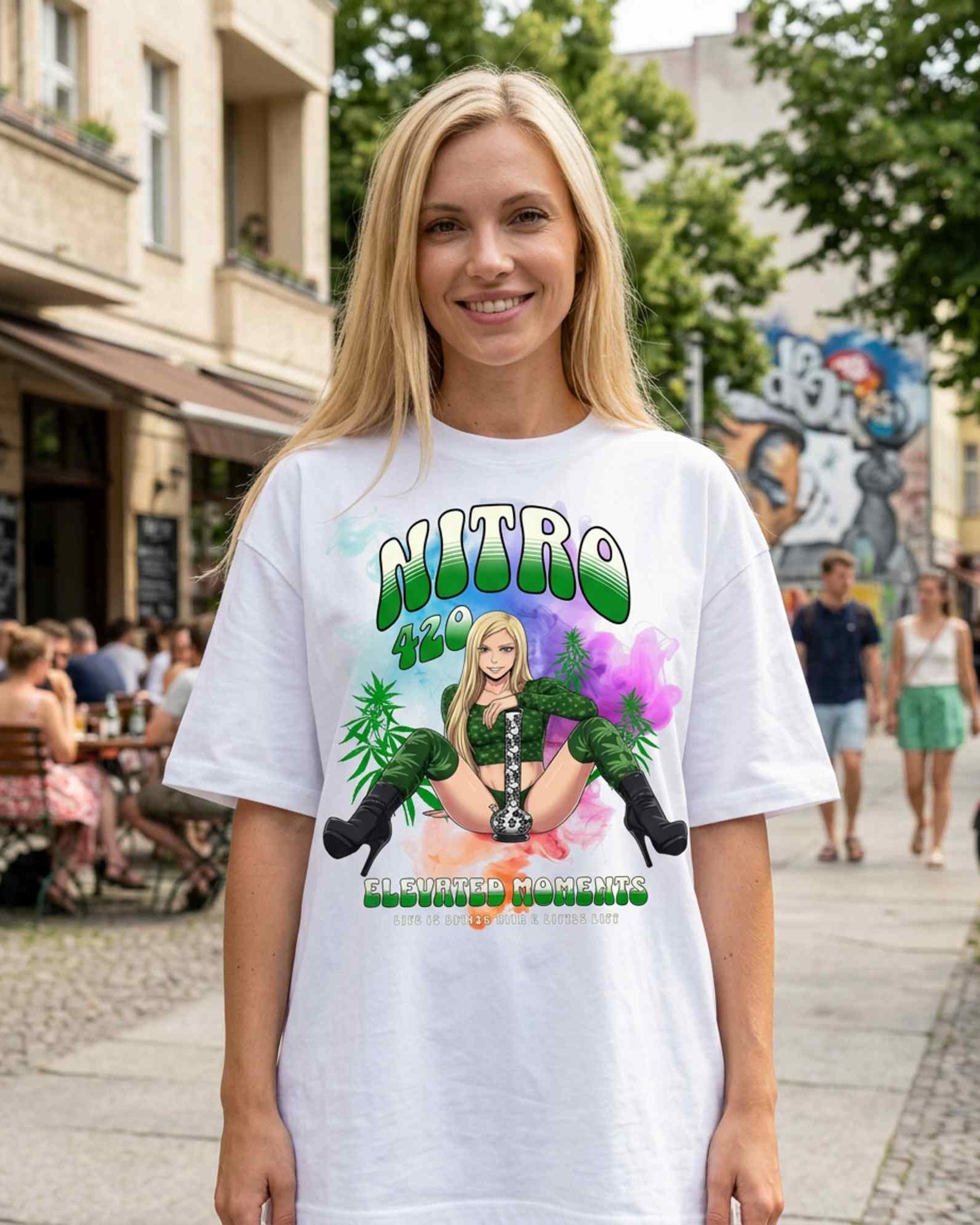 Blonde female model wearing oversized white Nitro 420 tee