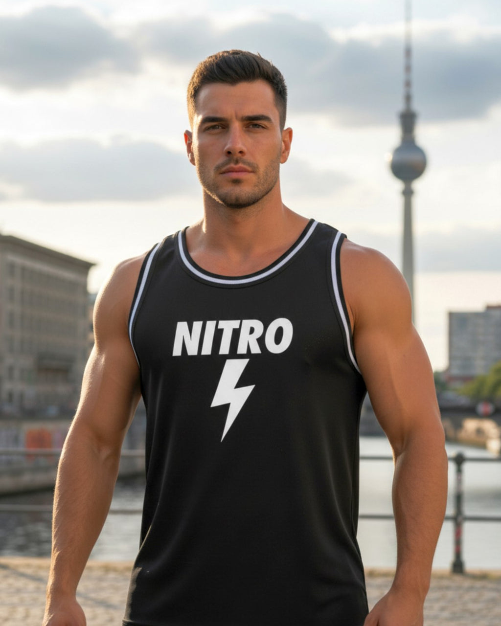 Close-up of black Nitro Flash mesh tank top on male model
