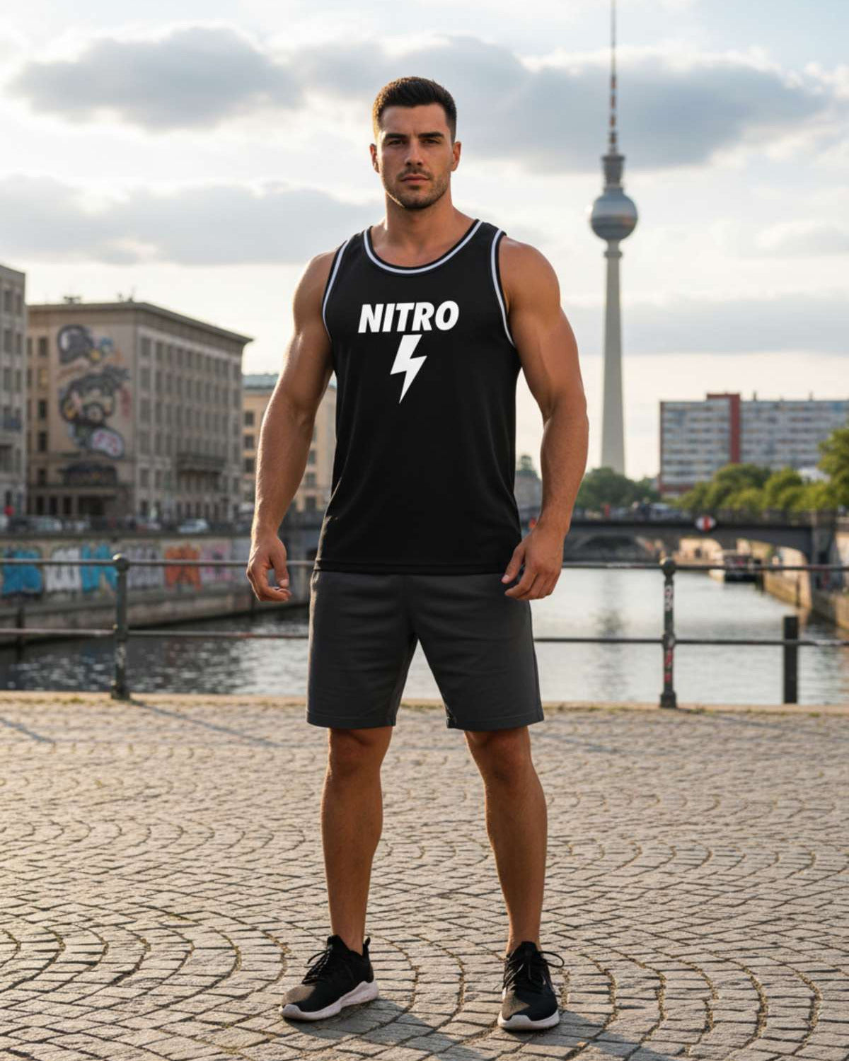 Full view of male model in black Nitro Flash mesh tank top