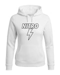 White Nitro Flash hoodie with blue lightning front view
