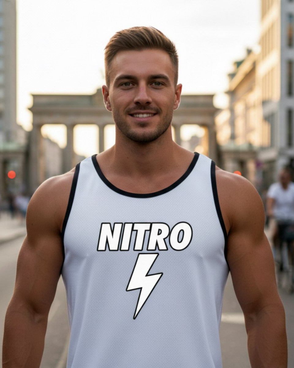 Close-up of Nitro Flash white gym tank top on model