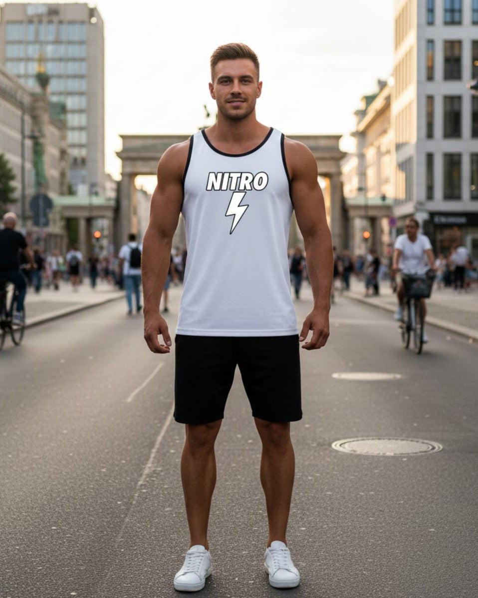 Male model wearing white Nitro Flash mesh tank top