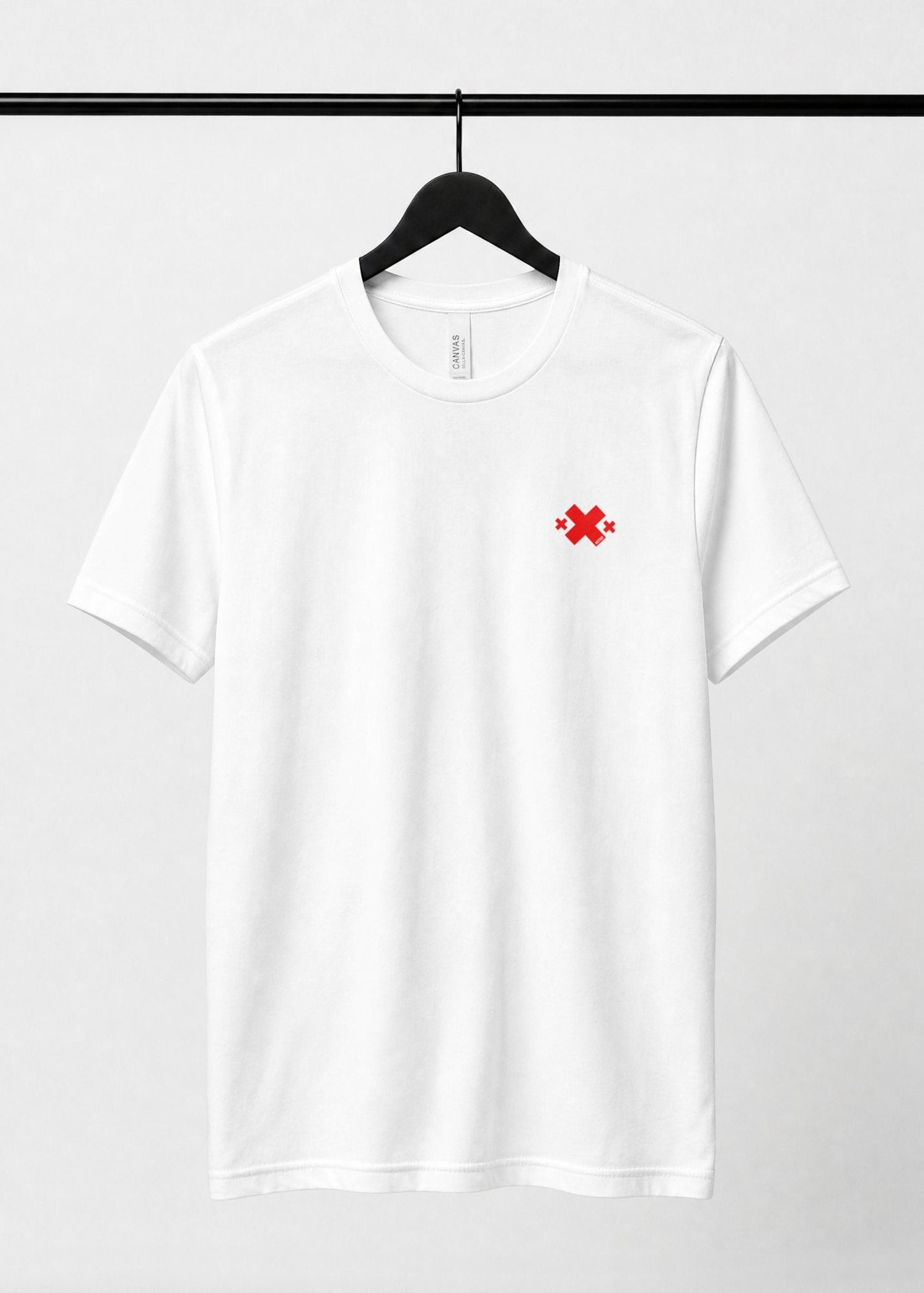 Front of white Nitroarmy shirt with small red chest logo