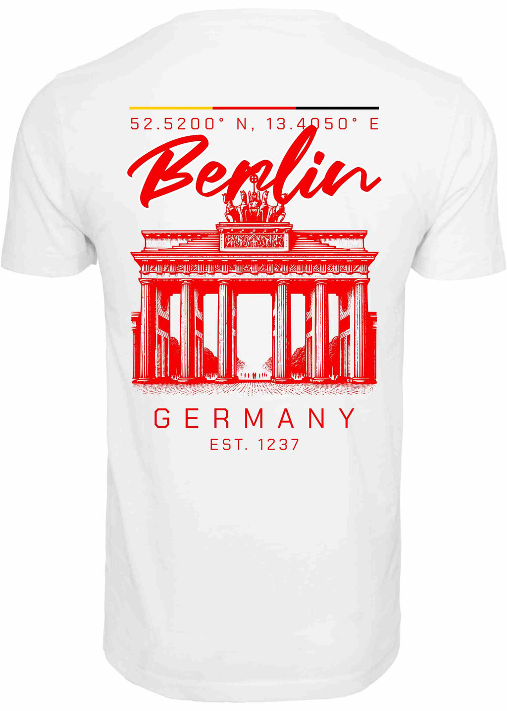 Back view mockup of white Berlin Brandenburg Gate t-shirt