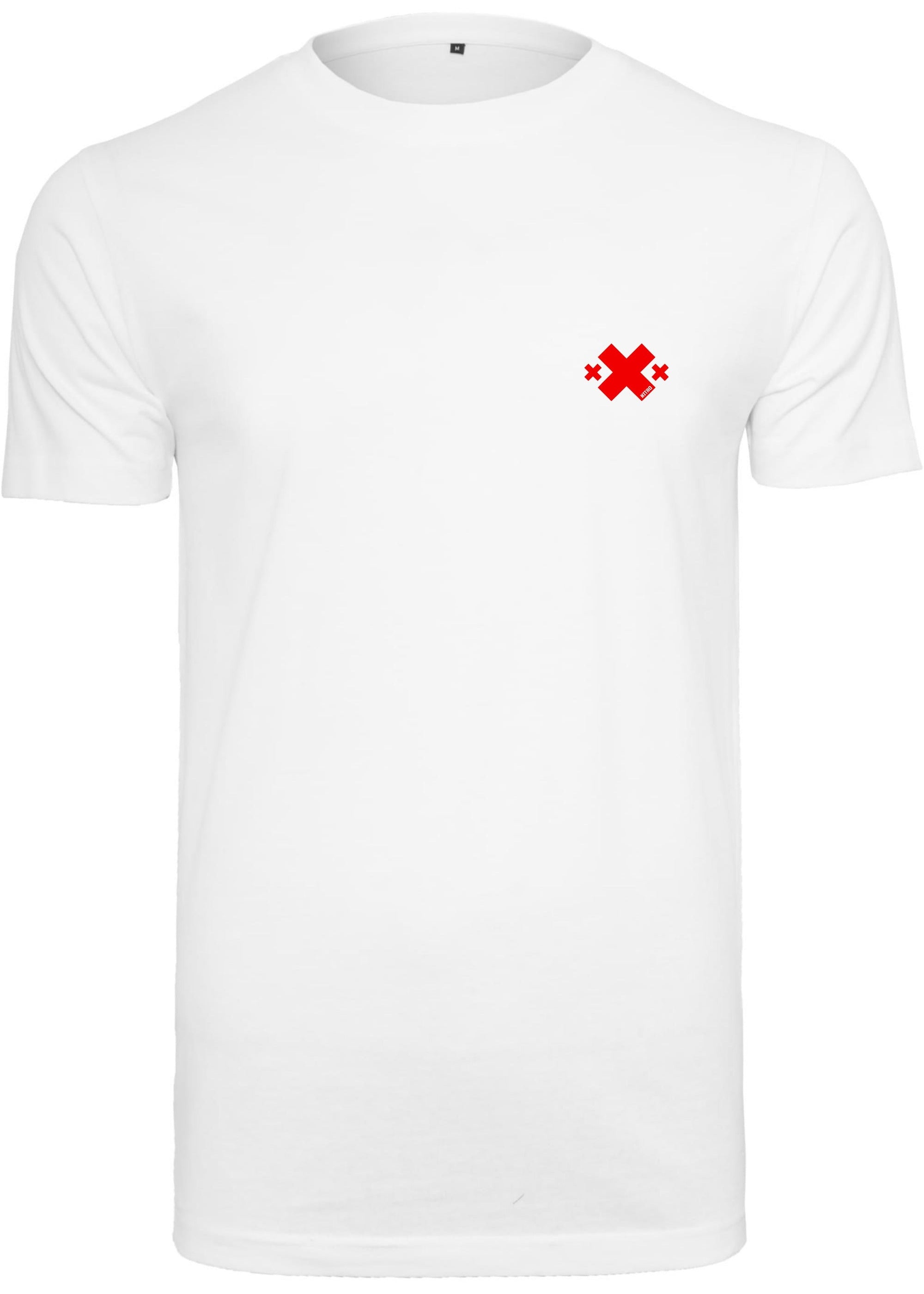 Front view mockup of white Nitroarmy t-shirt with red logo