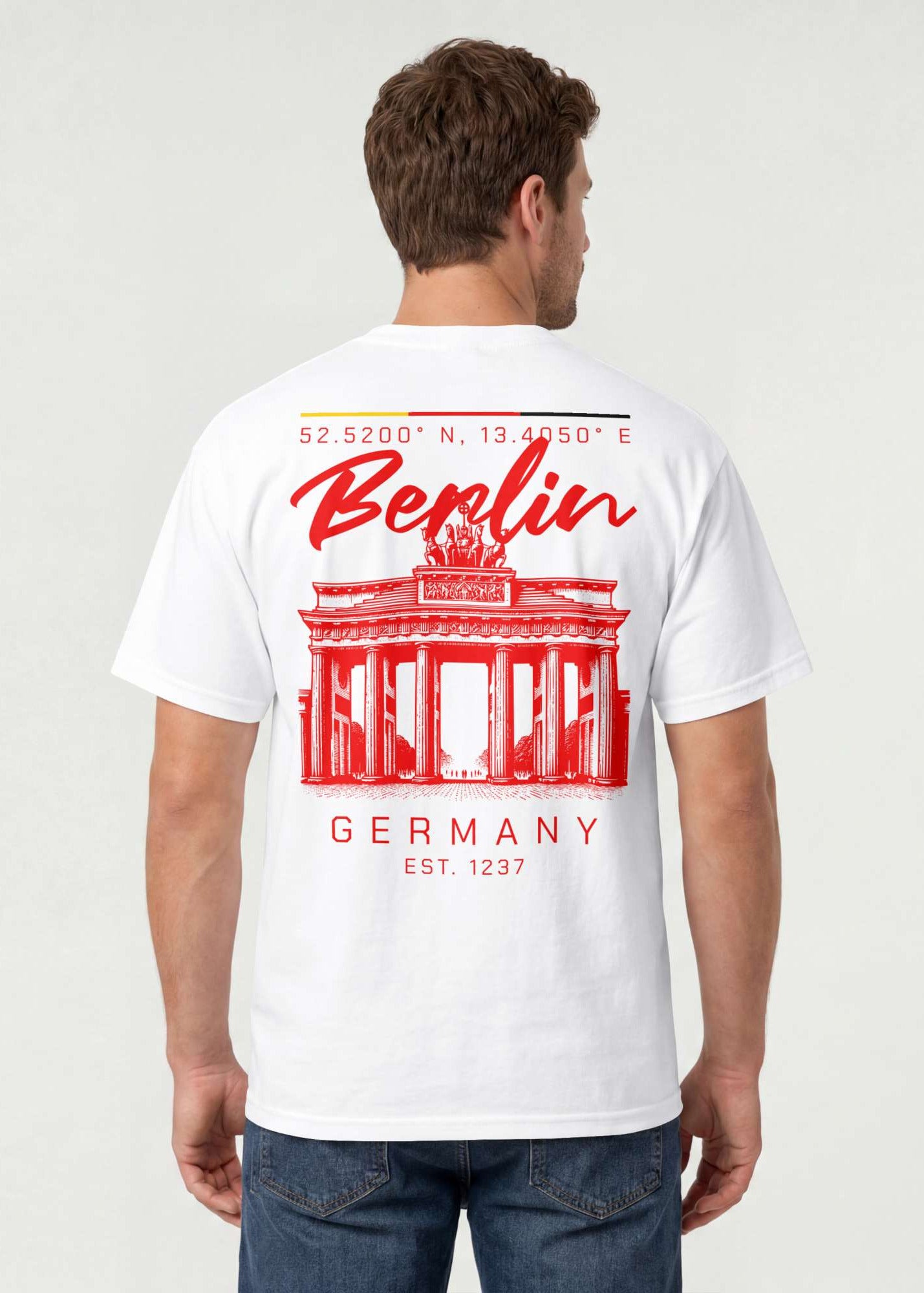 Male model showing back graphic of white Berlin t-shirt