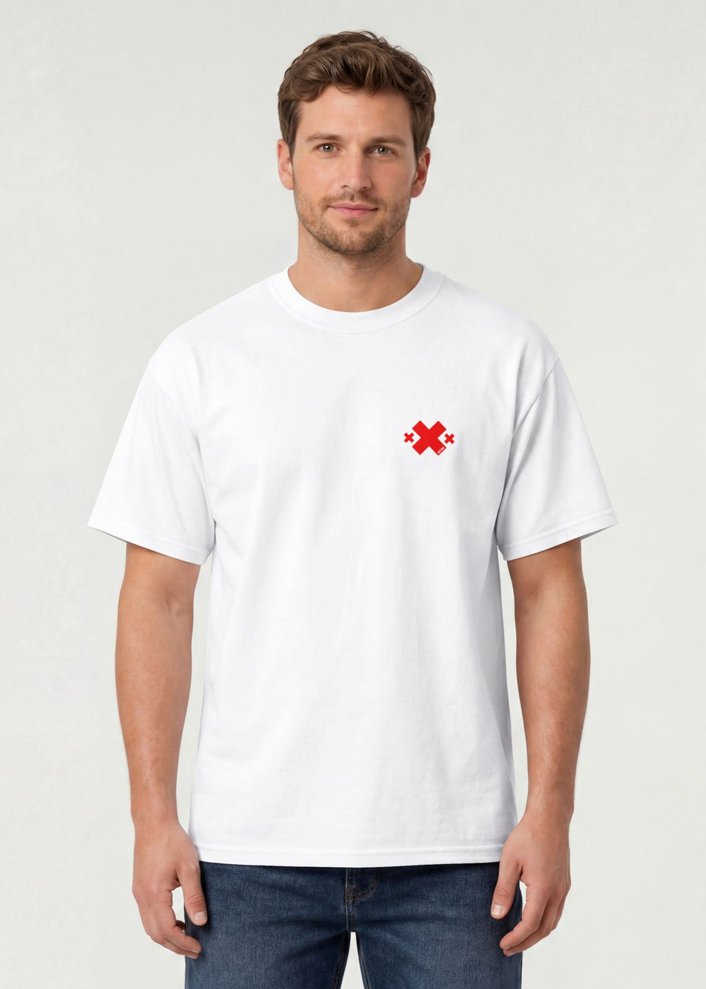 Male model wearing white Nitroarmy t-shirt with red logo