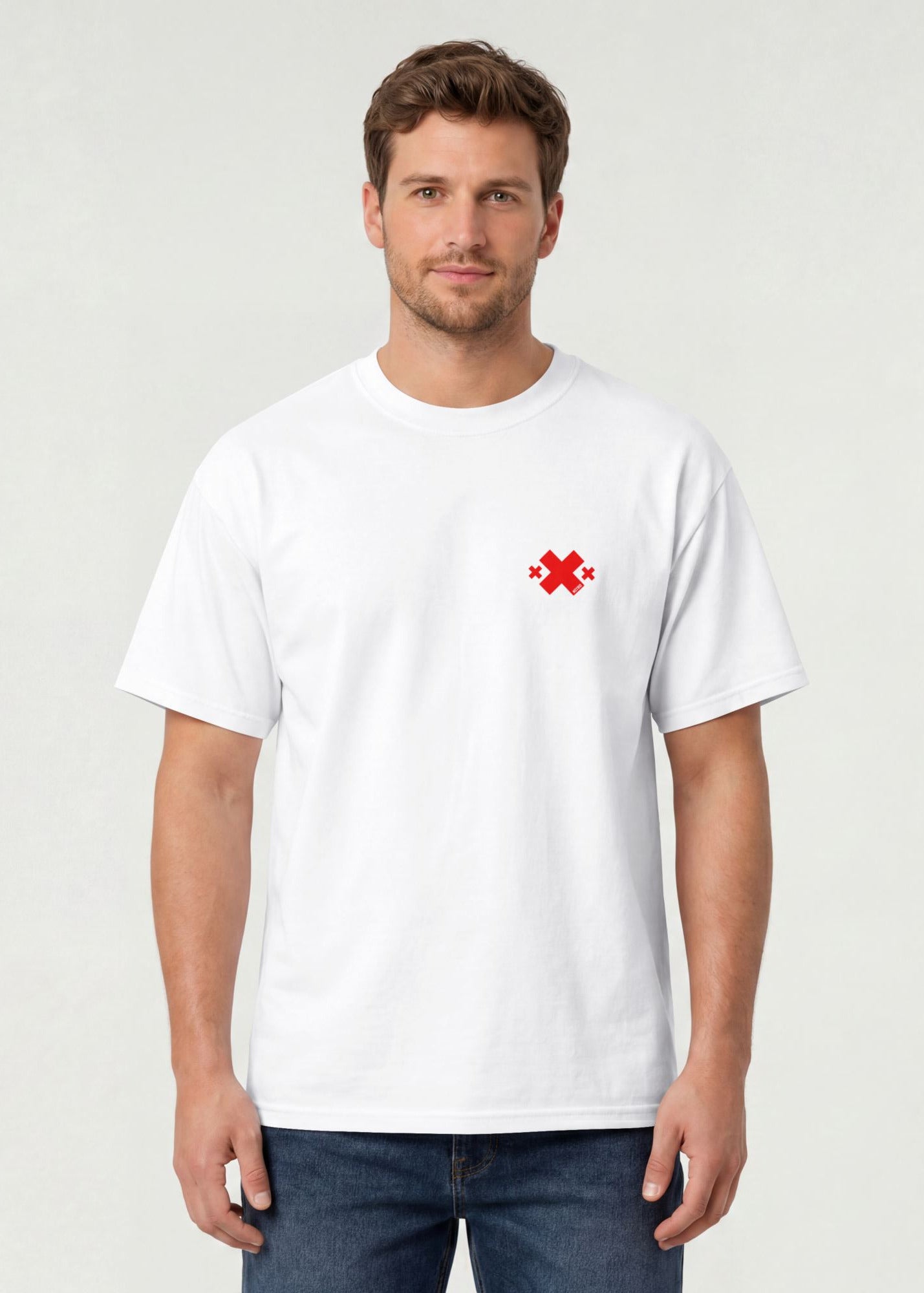 Male model wearing white Nitroarmy t-shirt with red logo