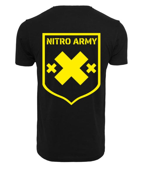 Back view of black Nitroarmy hoodie with yellow xXx print