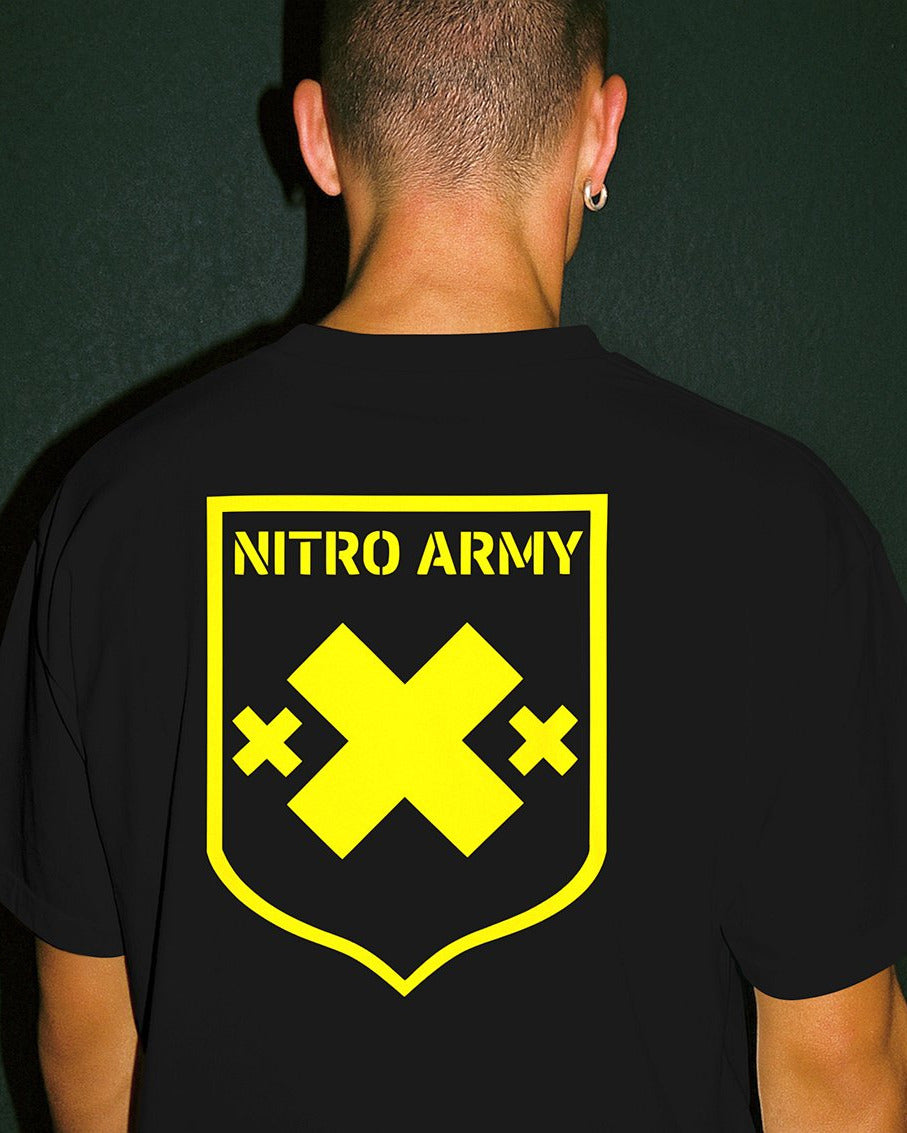 Male model showing back view of Nitroarmy xXx black tee
