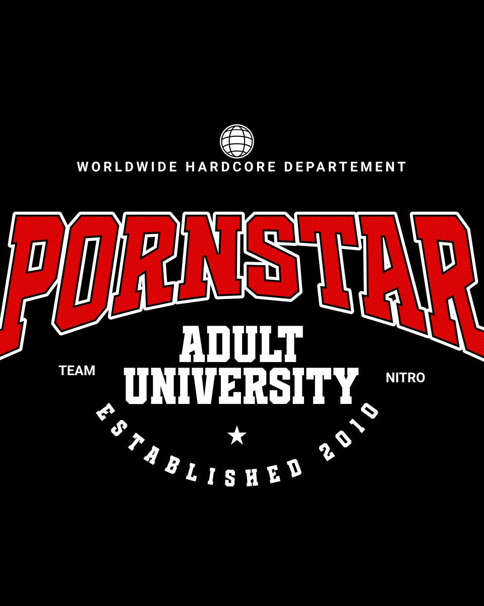 Pornstar University graphic tee logo detail